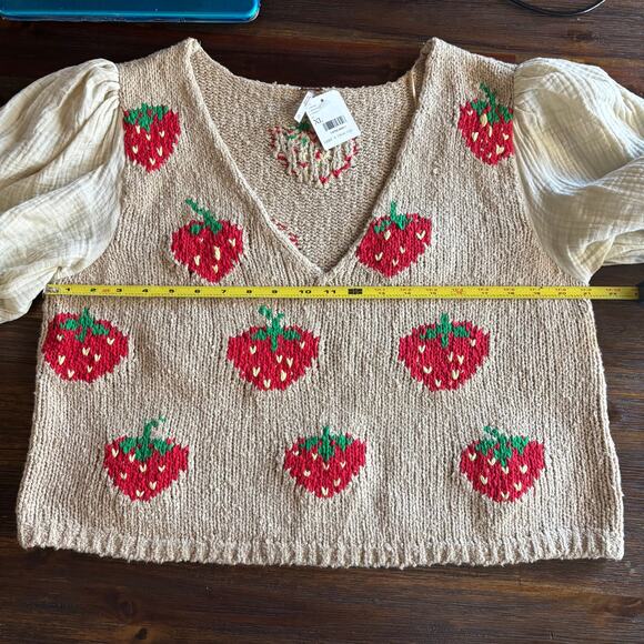 FREE PEOPLE | NWT Women's Strawberry Jam Mixed-Media Crop Top Tan Red Sz XL - Picture 7 of 7
